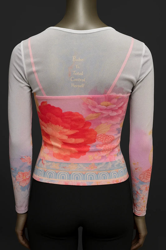 Printed Mesh T Shirt with Embelishment Big Red print - Extravagance Fashion