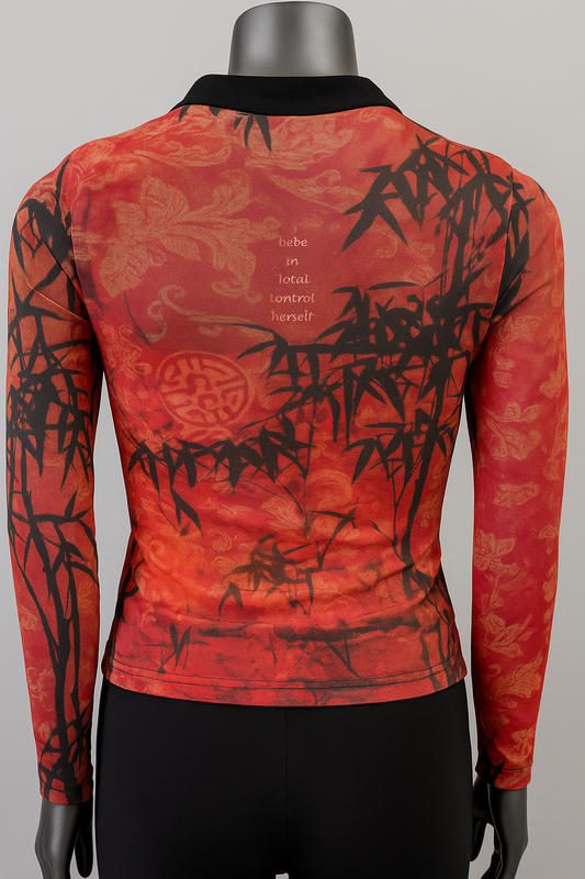 Printed Mesh T Shirt with Embelishment Chinese Collar