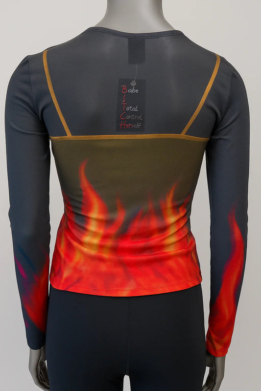 Printed Mesh T Shirt with Embelishment Flames Print - Extravagance Fashion