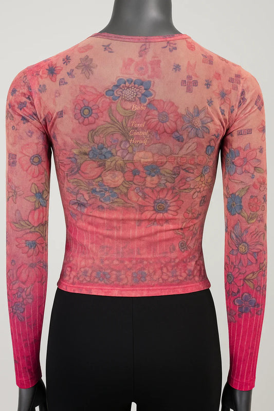 Printed Mesh T Shirt with Embelishment Flower Patch Print - Extravagance Fashion
