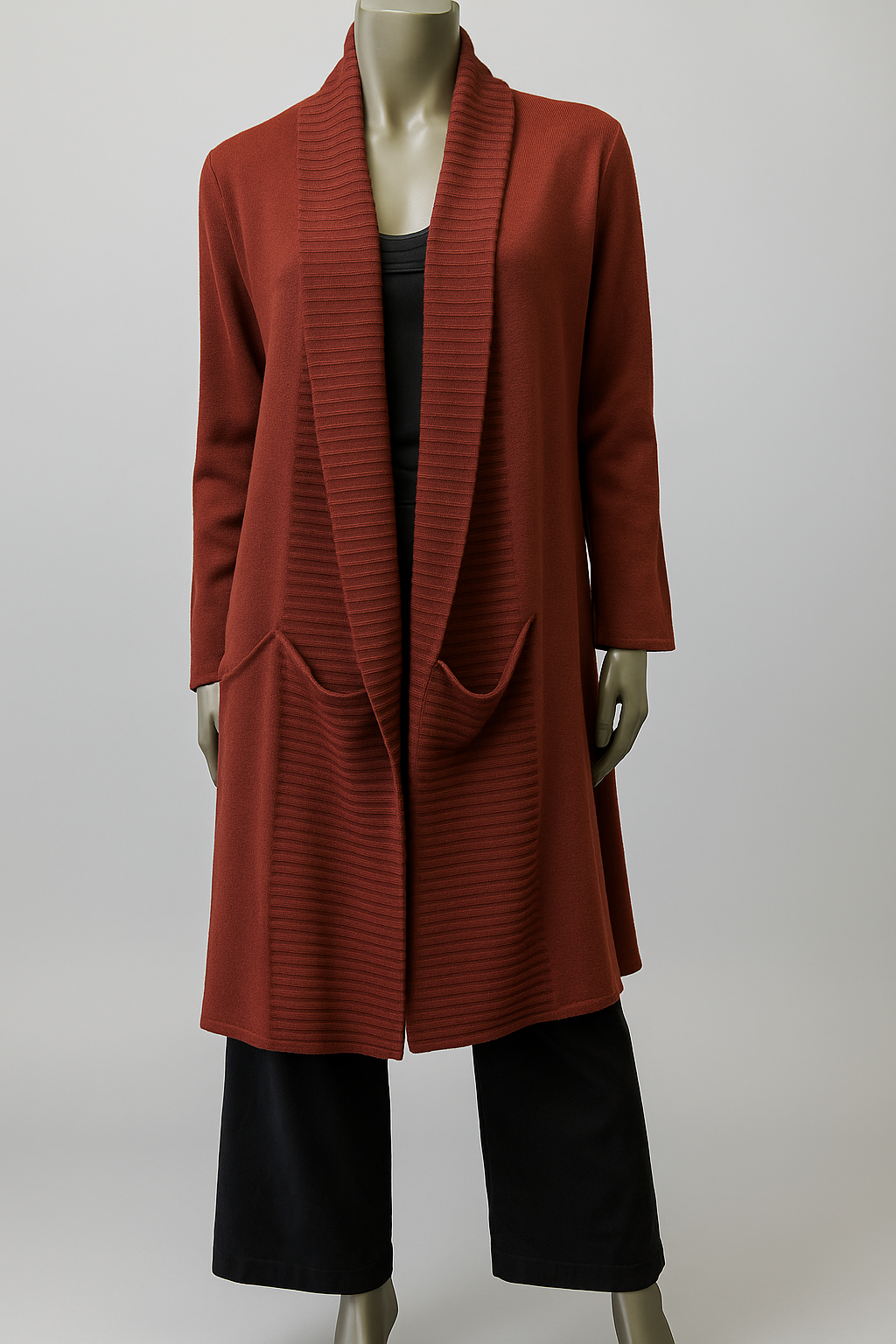 long knitted edge to edge Coat/ Cardigan with ribbing detail on lapel and pockets