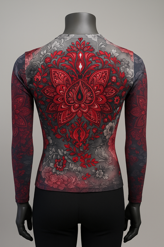Printed T shirt with Mesh Sleeves with Embelishment Red Lily Print