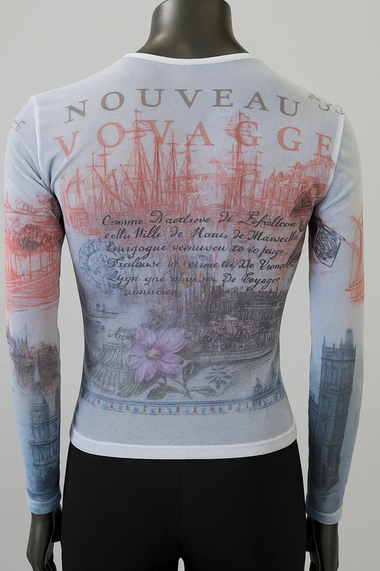 Printed Mesh T Shirt with Embelishment Thamesis Print - Extravagance Fashion