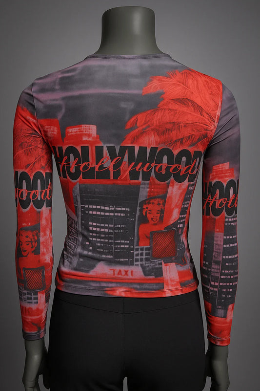 Printed Mesh T Shirt with Embelishment Tinsel Town Print - Extravagance Fashion