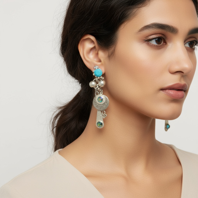 beautiful dangling piearces earrings with metail beads, selected charms and rhinestones