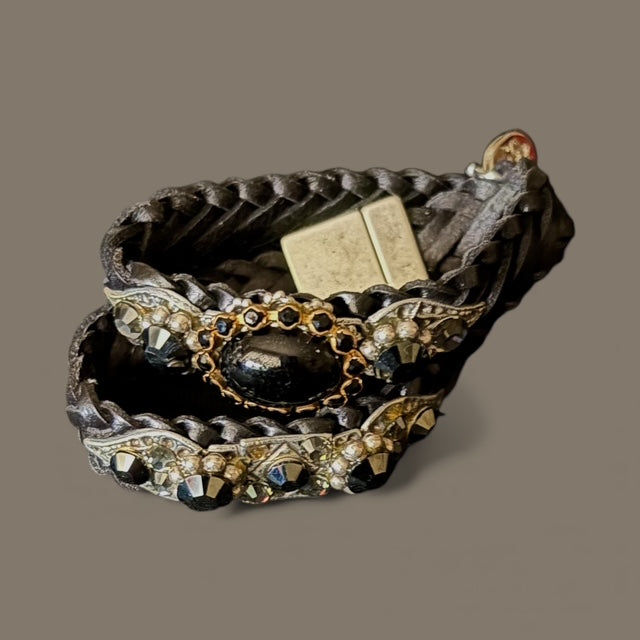 Wrap around Leather Bracelet with Coloured stone and rhinestones with magnetic clasp