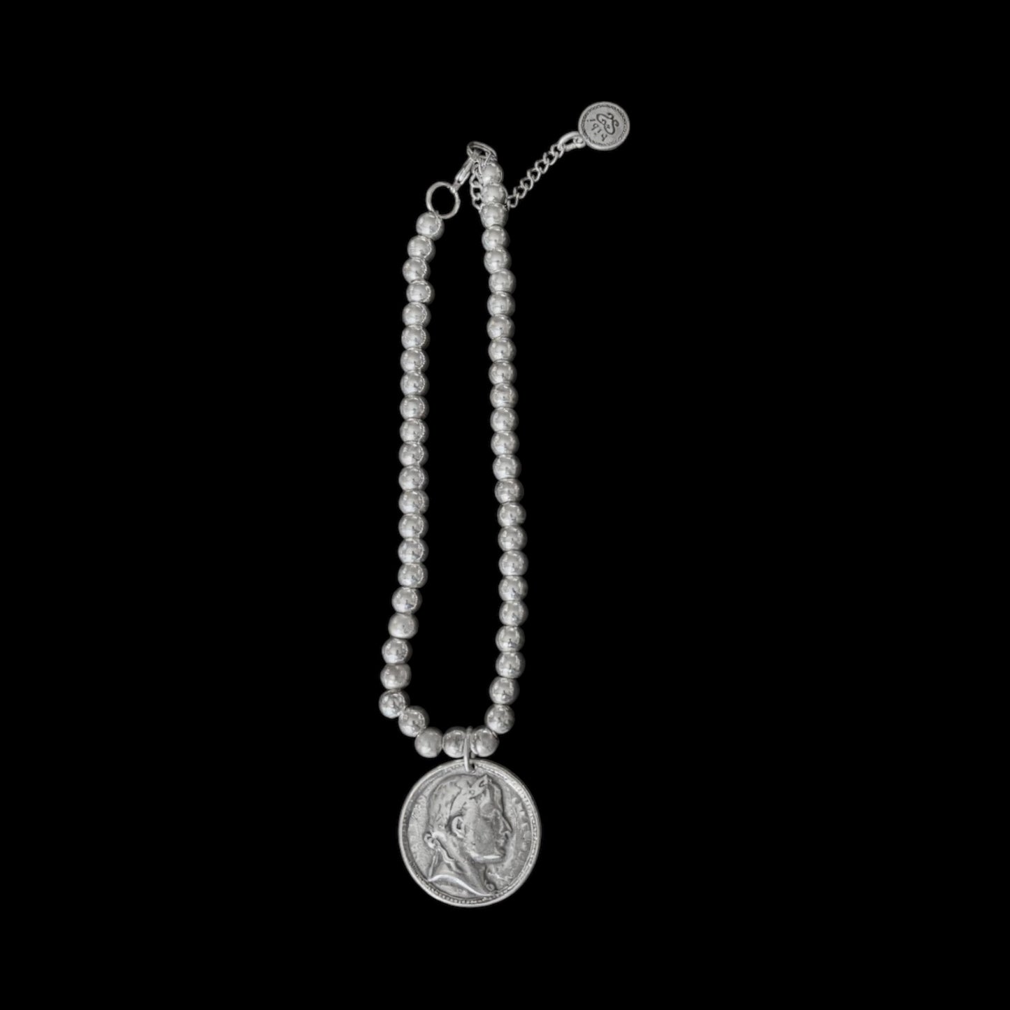Silver metal beaded pendent with an elegant coin charm - can also be worn as a bracelet
