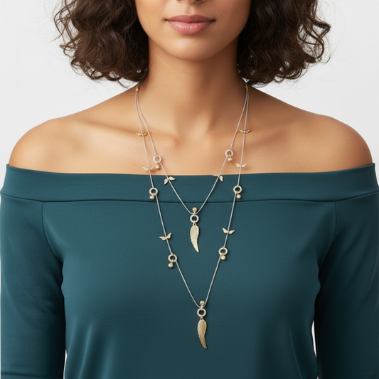 Long Layered silver necklace enchanced with shiny stones
