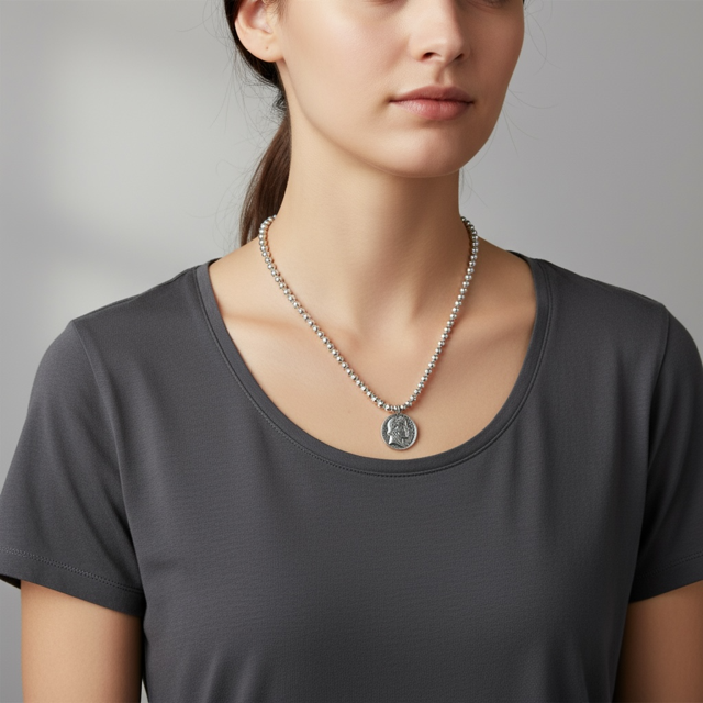 Silver metal beaded pendent with an elegant coin charm - can also be worn as a bracelet