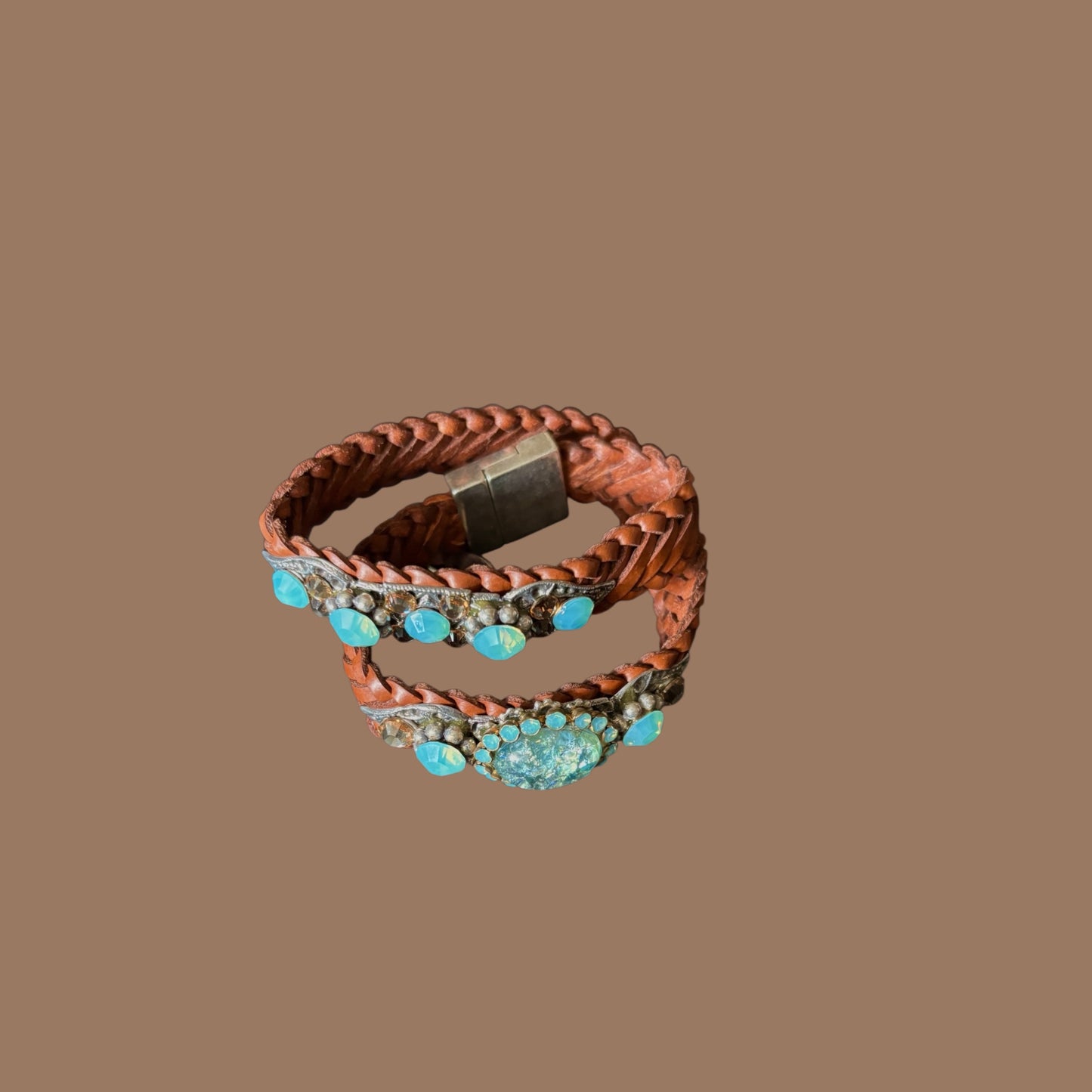 Wrap around Leather Bracelet with Coloured stone and rhinestones with magnetic clasp