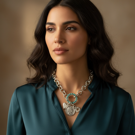 Metal Chain Necklace with Aqua stone and Coin Charm