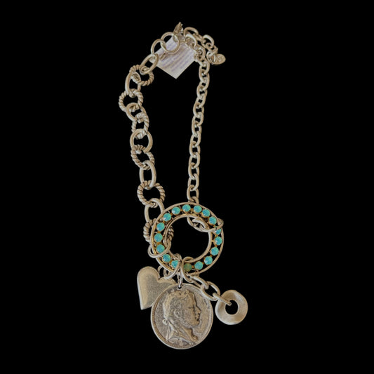 Metal Chain Necklace with Aqua stone and Coin Charm