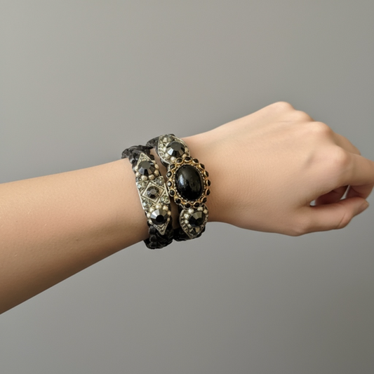 Wrap around Leather Bracelet with Coloured stone and rhinestones with magnetic clasp