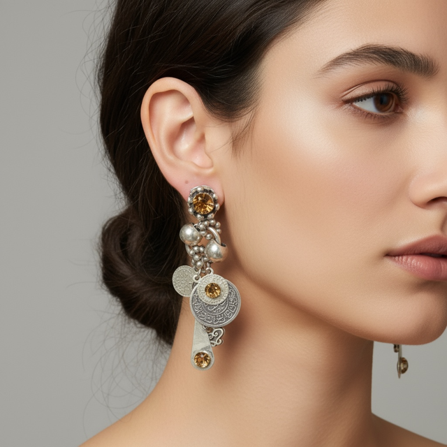 beautiful dangling piearces earrings with metail beads, selected charms and rhinestones