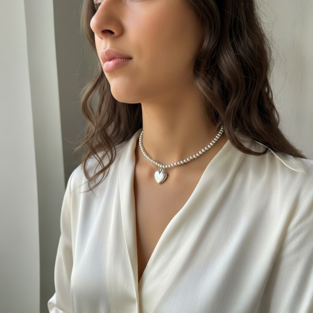 Silver beaded pendent with heart shaped charm