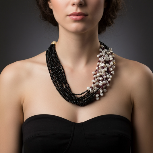Beautiful and elegant necklace with strings of black beads and fresh water pearls