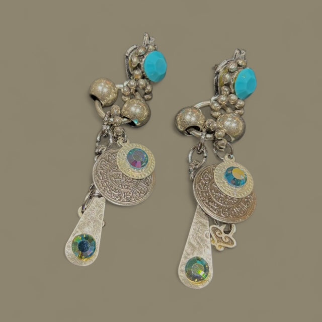 beautiful dangling piearces earrings with metail beads, selected charms and rhinestones