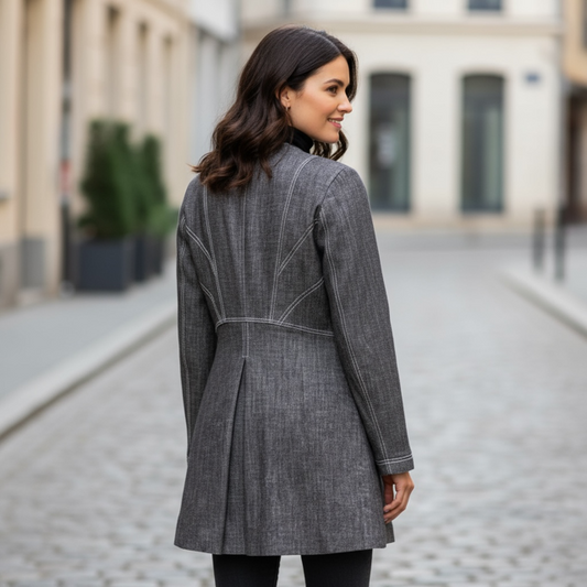 View of the Women's Tailored Denim Button-Front Jacket - Structured Longline Fit