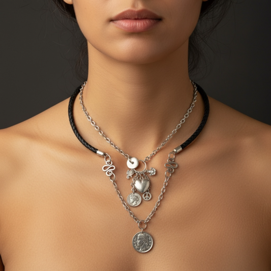 Two layered Necklace made rope leather string and silver chain with  selected Charms