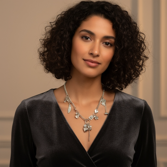 Sliver chain necklace featuering  unique assorted charms