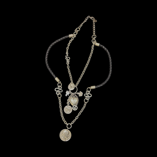 Two layered Necklace made rope leather string and silver chain with  selected Charms
