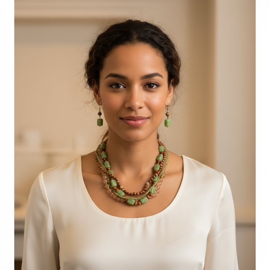 Elegant Necklace and earrings set made of green stones and gold beads