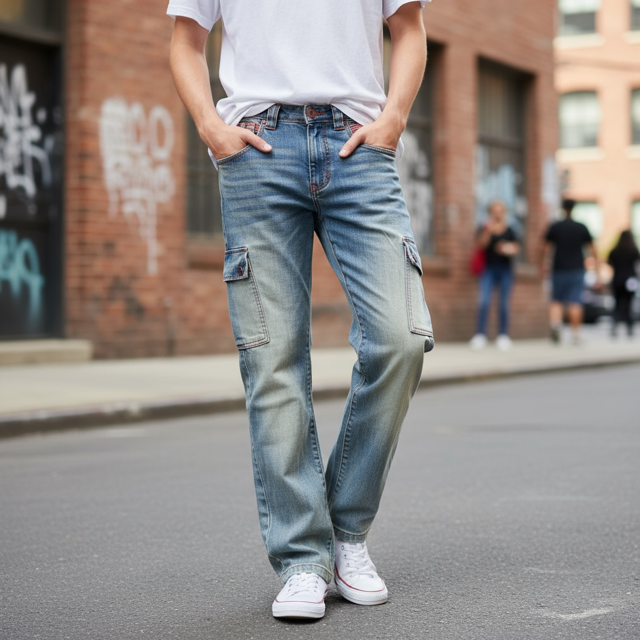 Women's Low-Rise Cargo Jeans with Contrast Stitching – Vintage Wash Style No.H069