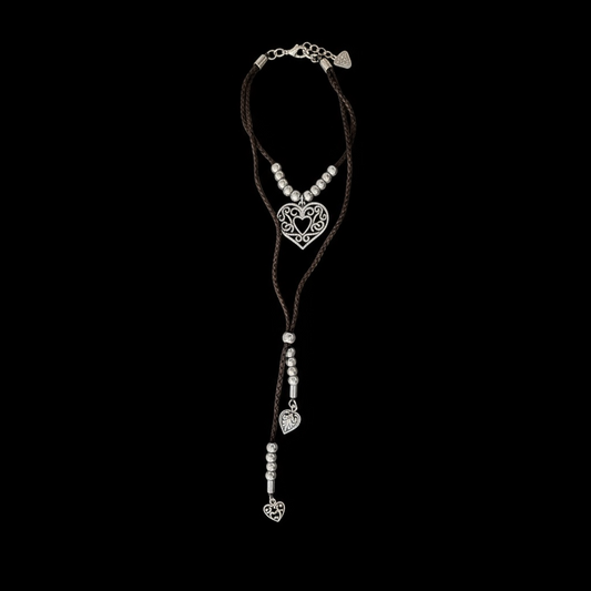 Two layered necklace with rope leather string with metal beads and heart shaped charm