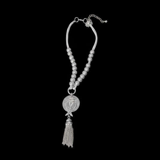 Silver Beaded Necklace with  charm & tassles