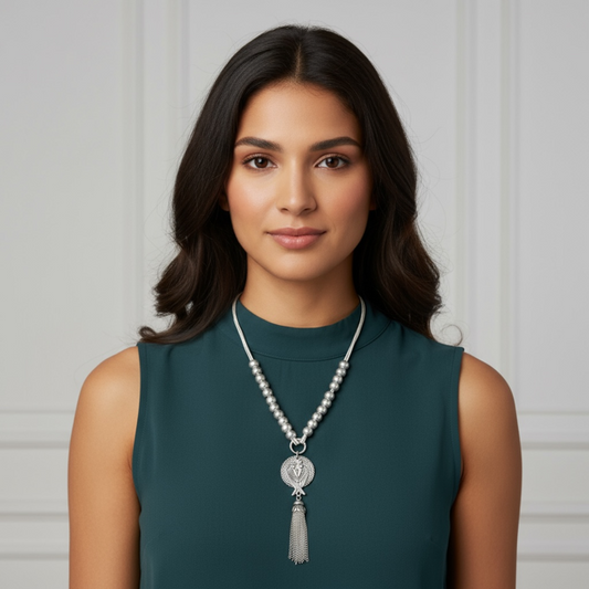 Silver Beaded Necklace with  charm & tassles
