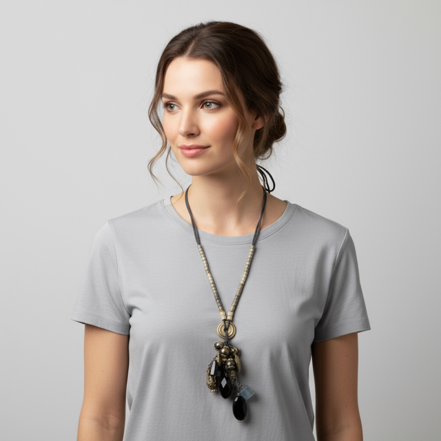 Beaded  string necklace featuring collection of unique stones