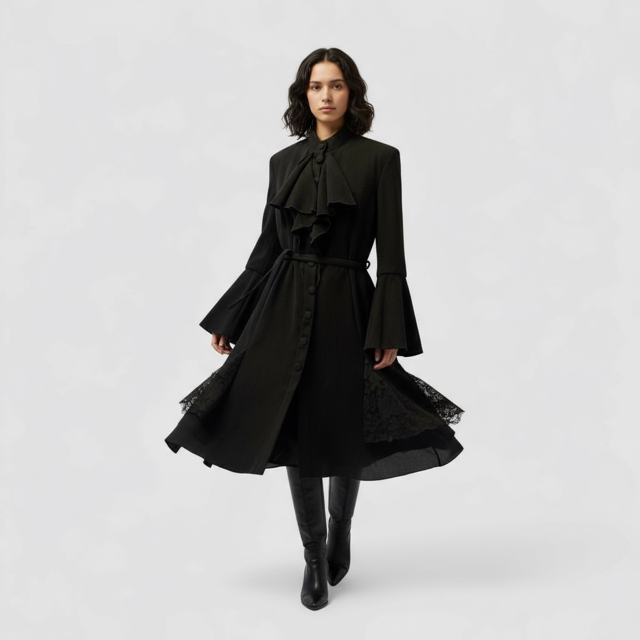 Elegant Black Belted Coat with Statement Bow and Textured Details Style U18/WL