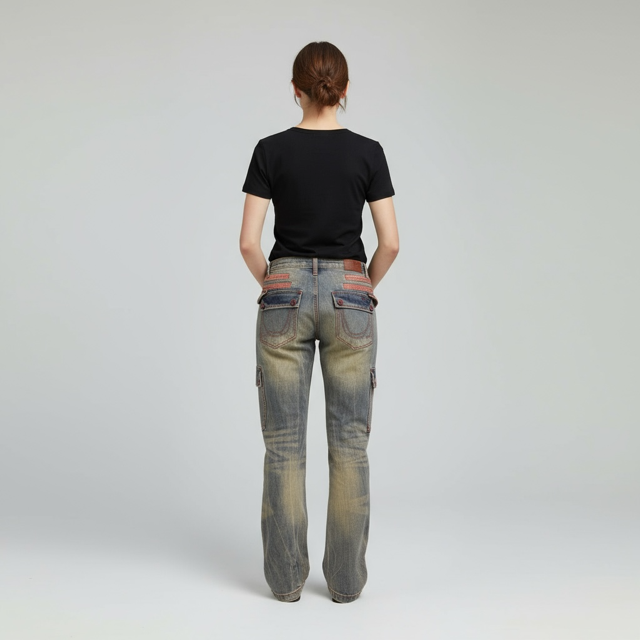 Women's Low-Rise Cargo Jeans with Contrast Stitching – Vintage Wash Style No.H069