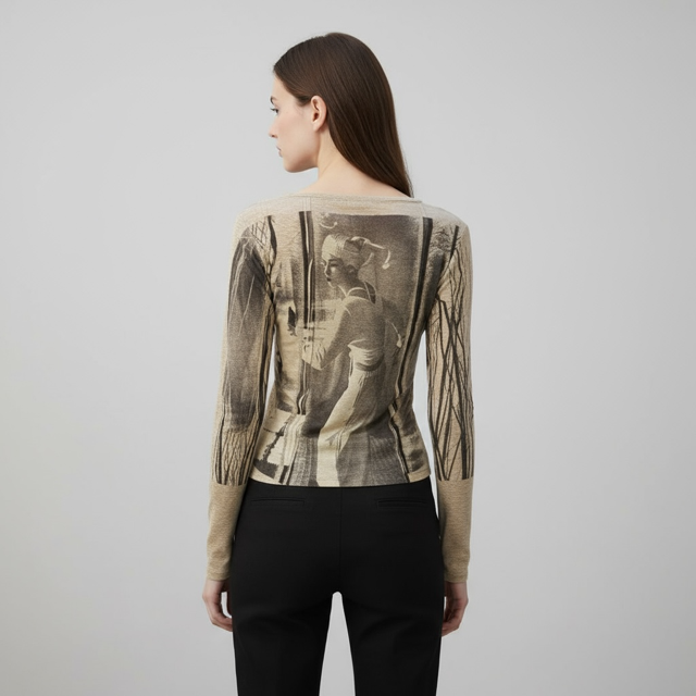 Back view of light grey V-neck long sleeve top with art print design