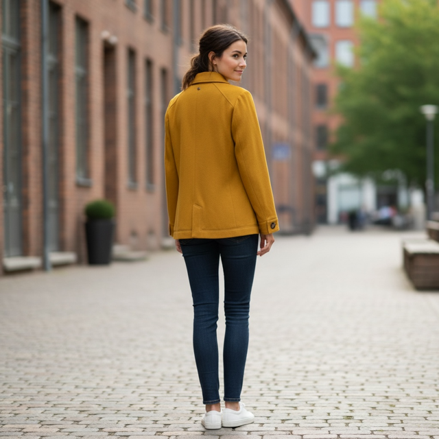 Back View of the Mustard double breasted Jacket