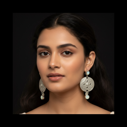 Dangly  Chandelier Earrings with intricate embroided detail on the coin shaped element with rhinestone