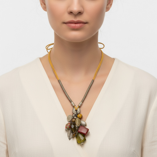 Beaded  string necklace featuring collection of unique stones