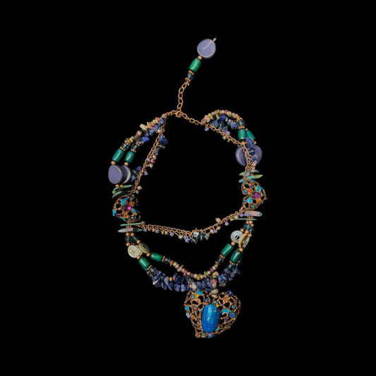 Multi coloured layered necklace in shades of blue,green and brown