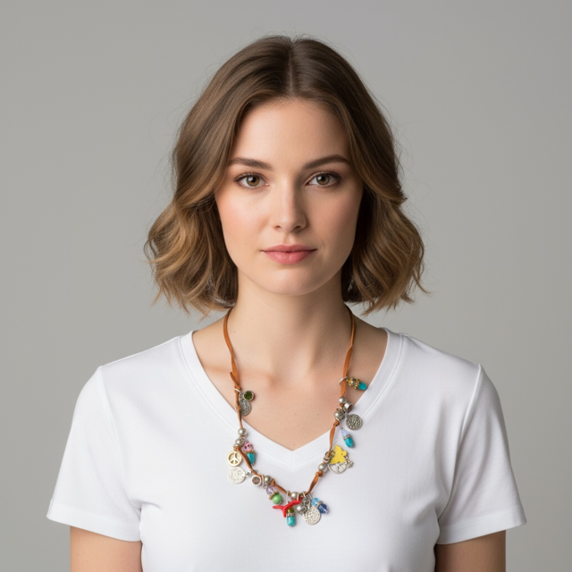 Multi coloured stone necklace on a threaded on durable leather string - can be worn as a bracelet