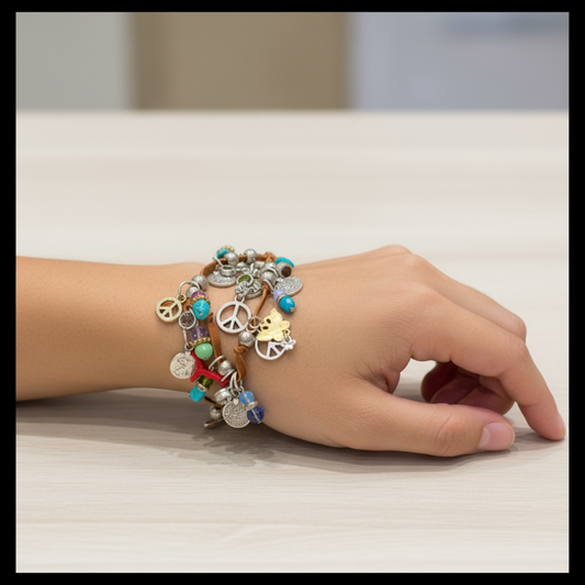 Multi coloured stone necklace on a threaded on durable leather string - can be worn as a bracelet