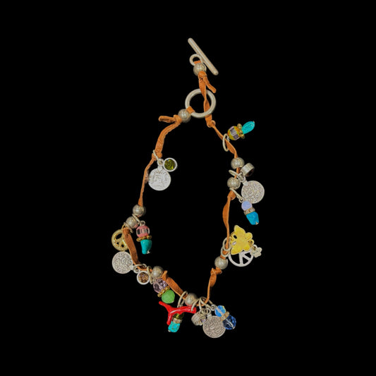 Multi coloured stone necklace on a threaded on durable leather string - can be worn as a bracelet