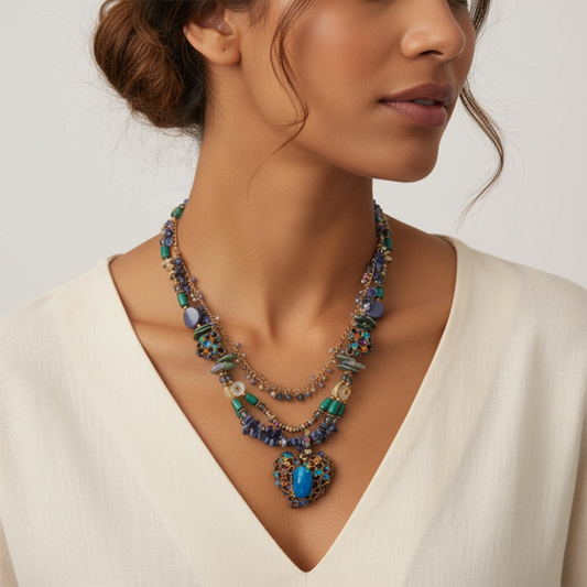 Multi coloured layered necklace in shades of blue,green and brown