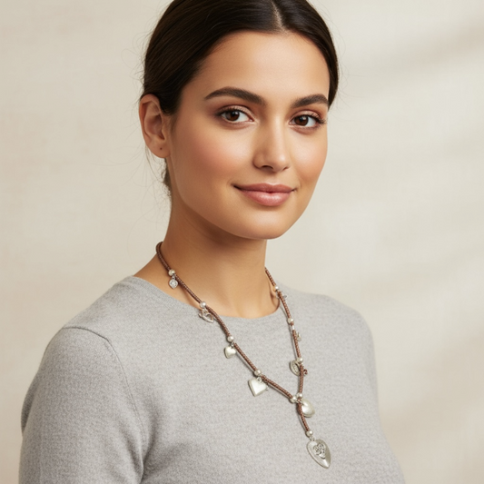 Brown rope leather necklace featuring a selection of heart- shaped charms