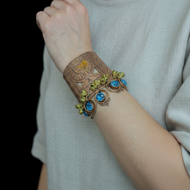 Copper adjustable cuff with intricate embroidery and metal beading , enhanced sparkling rhinestone