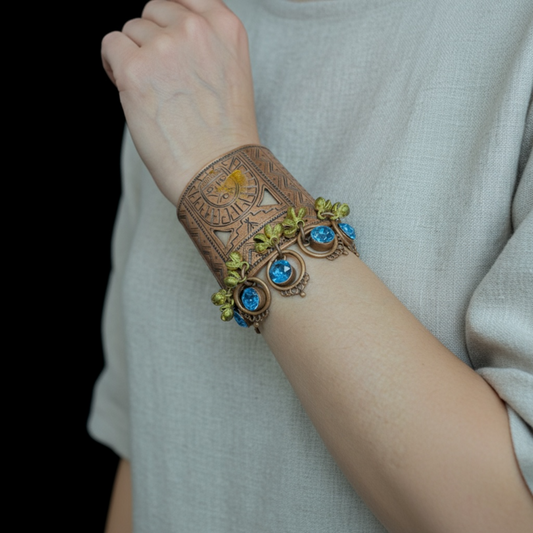 Copper adjustable cuff with intricate embroidery and metal beading , enhanced sparkling rhinestone