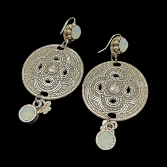Dangly  Chandelier Earrings with intricate embroided detail on the coin shaped element with rhinestone