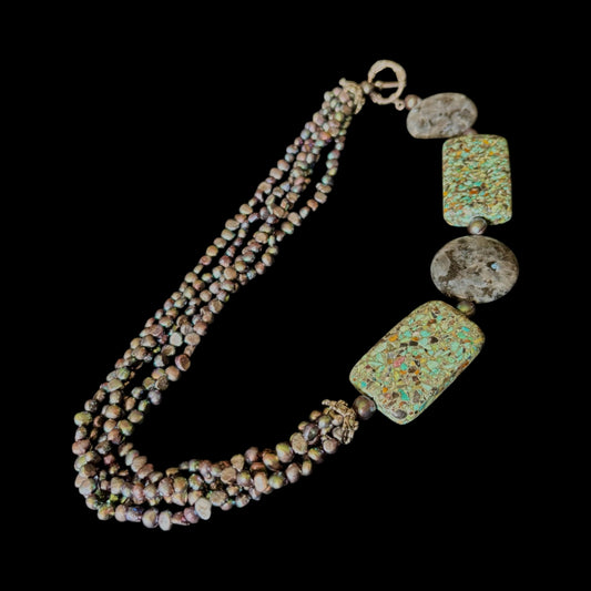Black Speckled  Rice pearls with stones Necklace