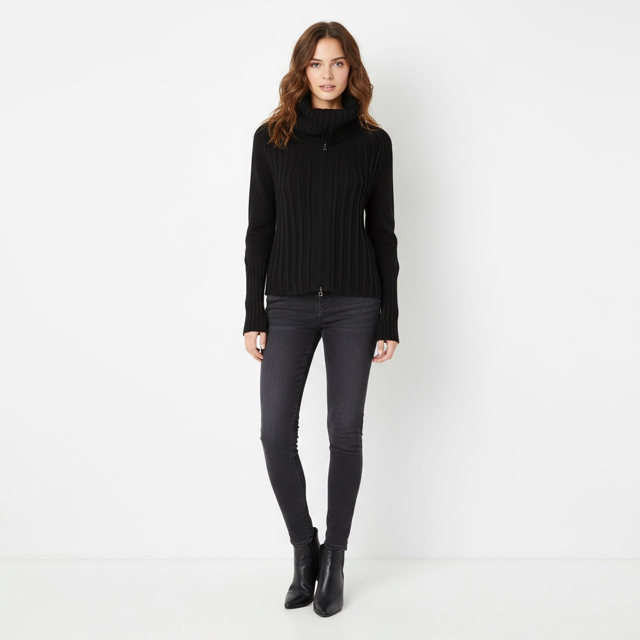 Model wearing the Ribbed Knit Zip Cardigan with the funnel neck