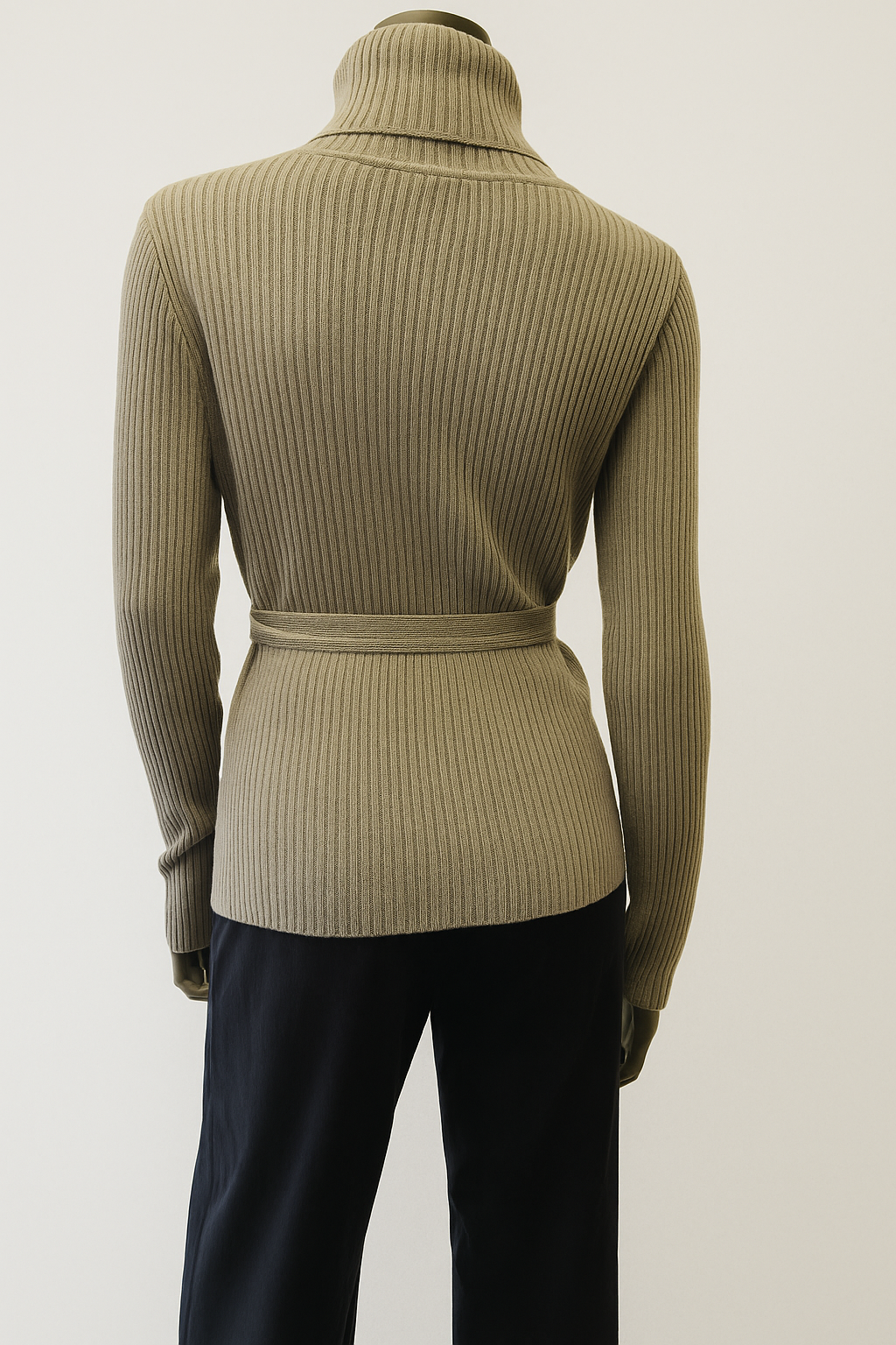 Assymetric thin Ribbed Polo neck Sweater with ties