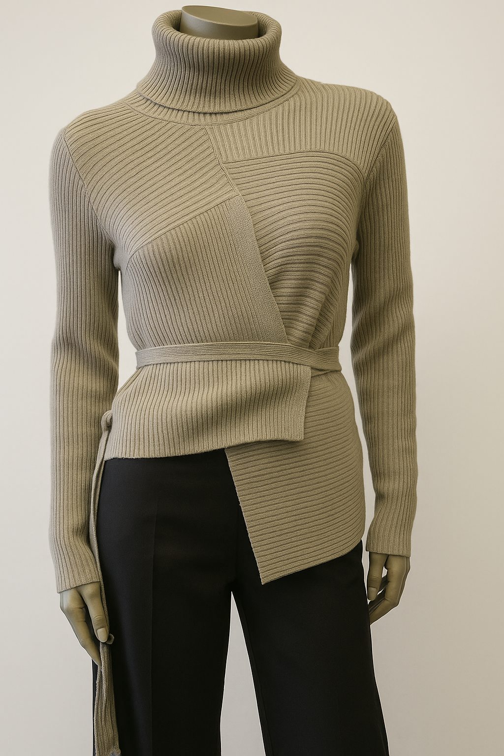 Assymetric thin Ribbed Polo neck Sweater with ties